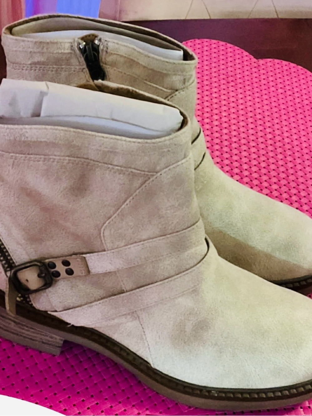 Women's Beige Suede Ankle Booties with Buckle Detail